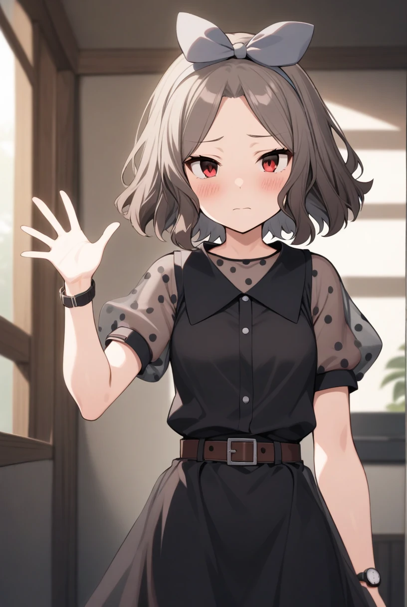 GBC_TOMO,1girl,solo,red eyes,short hair,wavy hair,brown hair,touhou,solo,short sleeves,puffy sleeves,polka dot short sleeve,black skirt,see-through sleeves,gray hairband,gray hair bow,black watch,bow hairband,wristwatch,belt,buckle,black dress,waving,see-through dress,
closed mouth,looking at viewer,indoors,shy face,blush,masterpiece,best quality,very aesthetic,absurdres,very aesthetic,absurdres,<lora:girls band cry_TOMO_sdxl:1>,