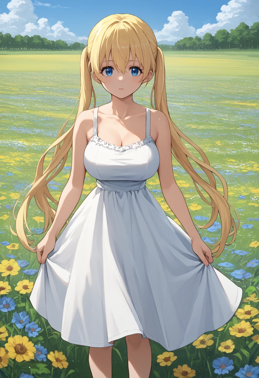 score_9,  score_7_up, source anime,   1girl,  Kojikaho, blonde hair, low twintails, blue eyes, large breasts, sundress, flower field,  <lora:Kaho Hinata 3-000009:1>