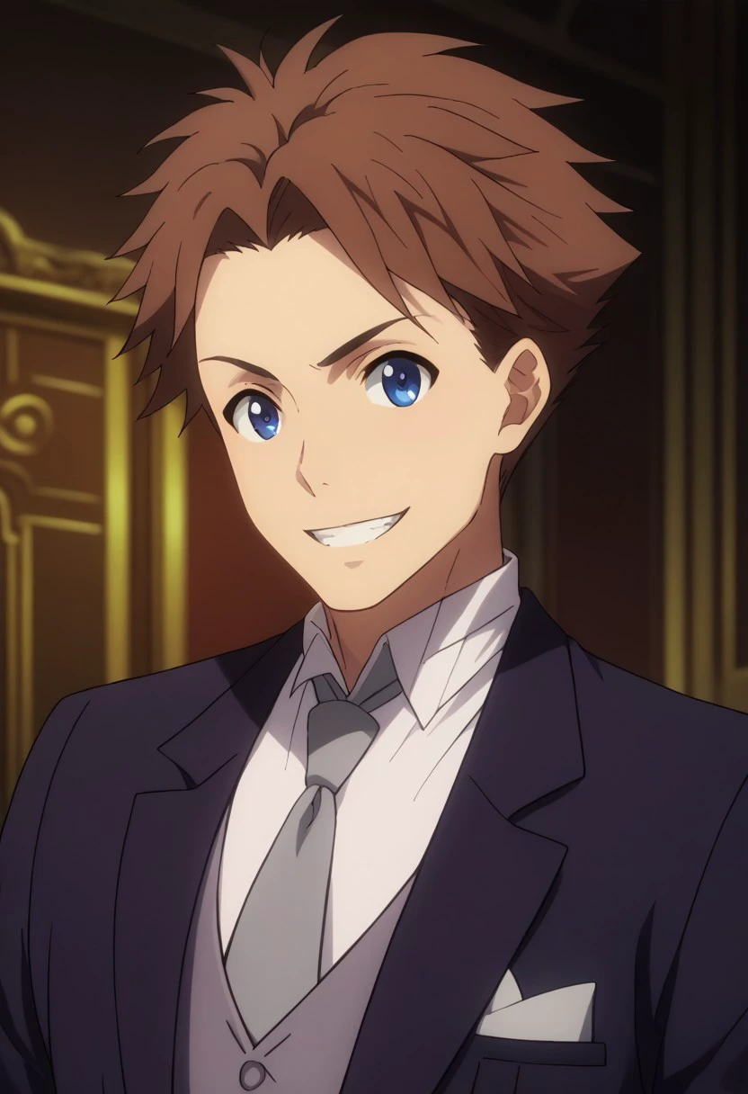 score_9, score_8_up, score_7_up, source_anime, highly detailed, 
heivia, 1boy, male focus, solo, brown hair, short hair, blue eyes, upper body, formal, suit, necktie, grey necktie, 
indoor, smile, grin,