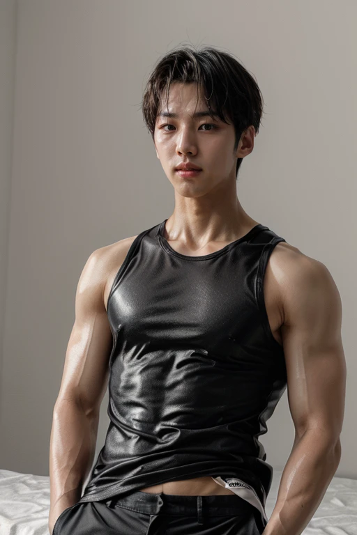 hongseok, muscular, solo, 1boy, wearing black tank shirt, black sleeveless shirt, <lora:NSFWFilter:-1> shiny_skin, male focus <lora:oil2.0_2-512-64:0.8> (highres, ultra detailed) ((masterpiece)), ((best quality:1.1)), High Resolution, 8k,1boy, (photorealistic:1.4), high quality, dynamic poses <lora:hongseok:0.9> <lora:more_details:0.6>