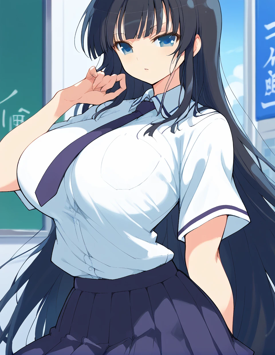 close-up,1girl,<lora:ikaruga_pony:1>,ikaruga,senran kagura,black hair,blue eyes,very long hair,large breasts,
school uniform,tie,pleated skirt,, score_9,score_8_up,score_7_up,score_6_up,score_5_up,score_4_up,