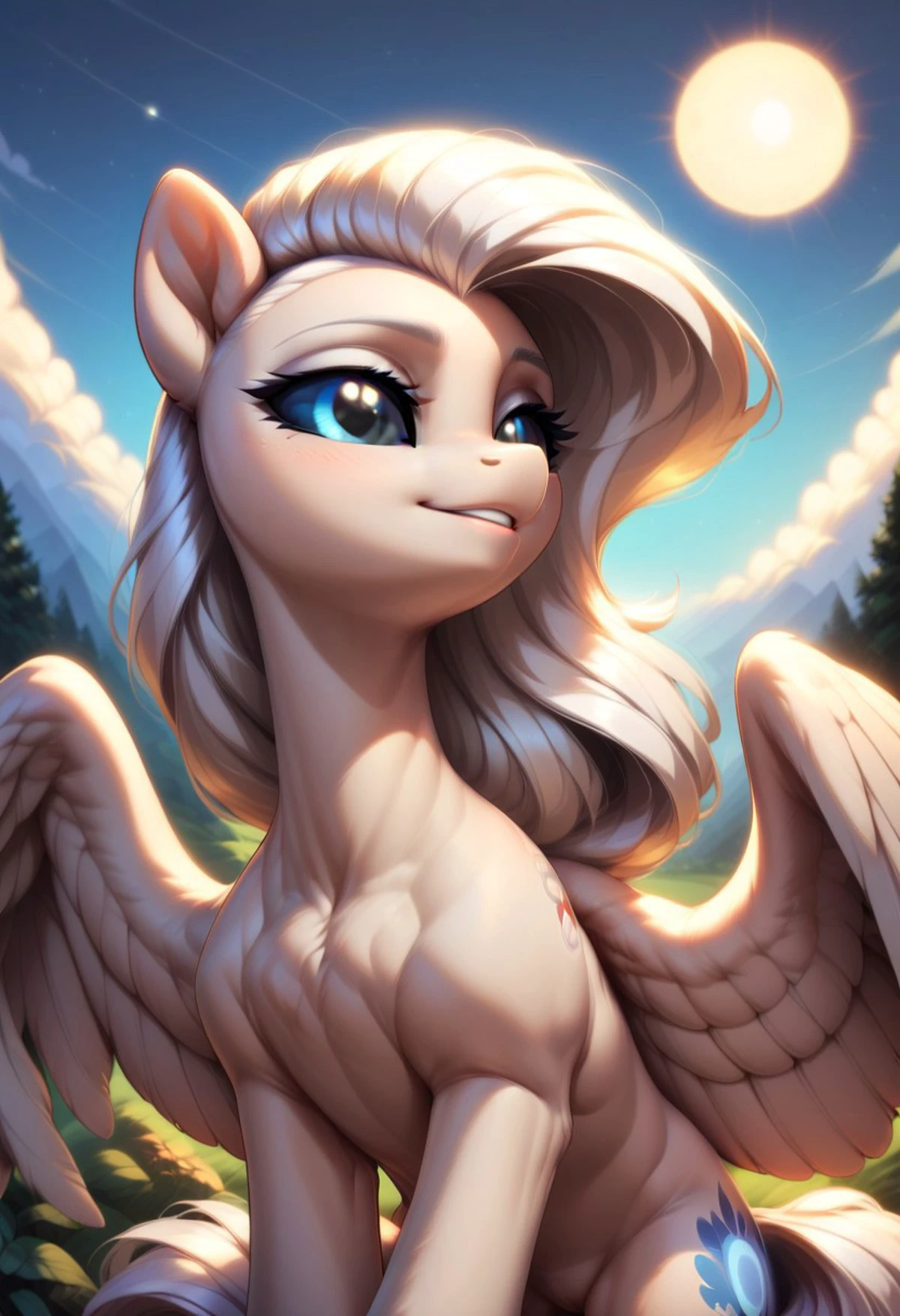 core_9, score_8_up, score_7_up, score_5_up, Albina, pony, solo, 1 girl, Cutie Mark, black sclera, long hair, wings, high detail, Albina, head accessories, clouse-up face, white hair, night, outdoors, full echo, high resolution, ultra-realistic textures, attention to detail, best rendering quality