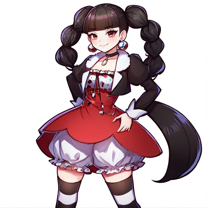 cowboy shot, solo,  <lora:yuika_(MMBN):0.7> yuika, 1girl, solo, hands on hips, earrings, black hair, jewelry, striped, long hair, twin braids, dress, bangs, thighhighs, underwear, braid, smile, white background, standing, bloomers, twintails, puffy sleeves, shoes, simple background, long sleeves, choker, blunt bangs, red eyes, socks, asymmetrical legwear, black jacket, polka dots, facial mark, heart on cheek, highres, Digital art, trending on artstation, best quality, insanely detailed, masterpiece, stunning environment, wide-angle,