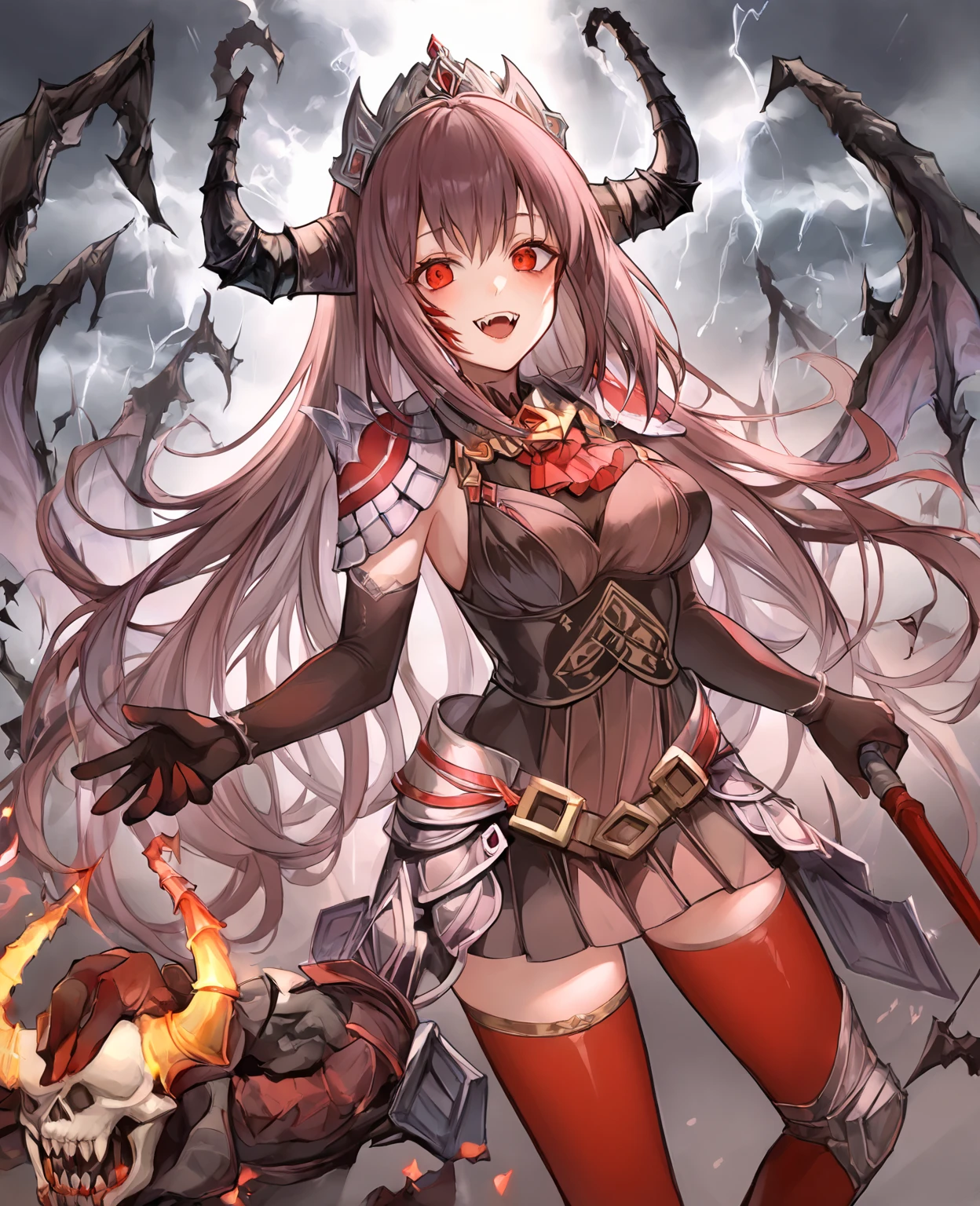 score_9,score_8_up,score_7_up,source_anime,rating_safe BREAK masterpiece,highres,best quality,high quality,dramatic angle,cinematic lighting,<lora:ShadowverseLaura_PonyXL_V1:1> ,1girl,pink hair,red eyes,long hair,horns,red and black dress,sideboob,cleavage,covered nipples,pink topwear,elbow gloves,armor,asymmetrical legwear,ascot,jewelry,hair ornament,crown,looking at viewer,Crimson Strife,:d,looking at viewer,fangs,from side,red thighhighs,lightning,blood,corpses,skull,skeleton,holding weapon,polearm,lance,(from below:1.1),shaded face,blood rain,rain,blood,<lora:add-detail-xl:0.68>,<lora:flat_sdxl:-0.86> ,sharp mountains of hell,hellfire,hell demon followers,grasp,holding thunderbolt,watson cross,dark clouds