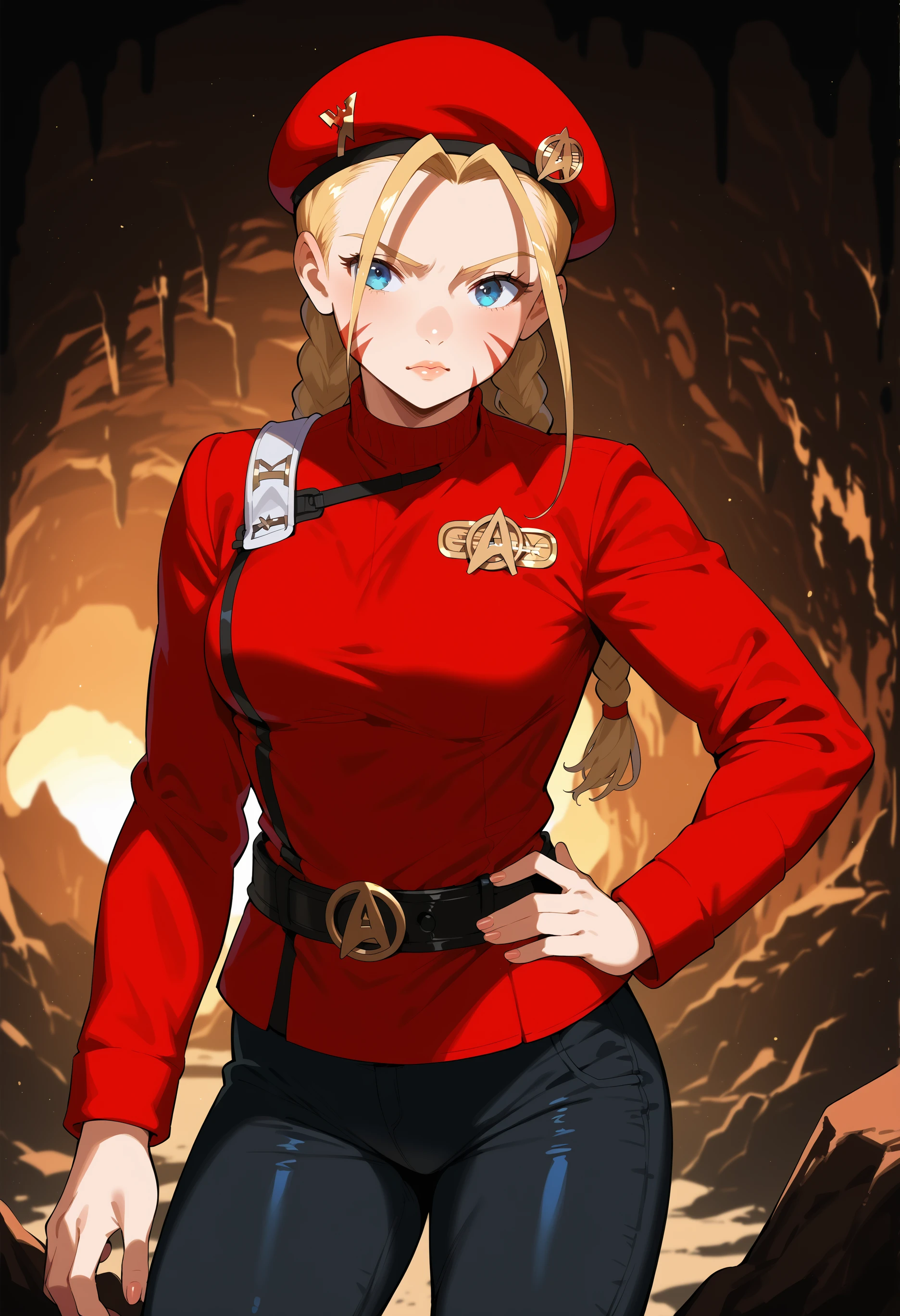 score_9, score_8_up, score_7_up,  <lora:CammySF:1>  source_anime, BREAK masterpiece, CammySF,blue eyes, twin braids,blonde hair, ahoge, beret, hand on own hip,breasts,
,in a cave,scenery,
(twokunf,star trek red uniform intendation,long sleeves,white shoulder strap,black pants,black belt)<lora:TWOKpony>