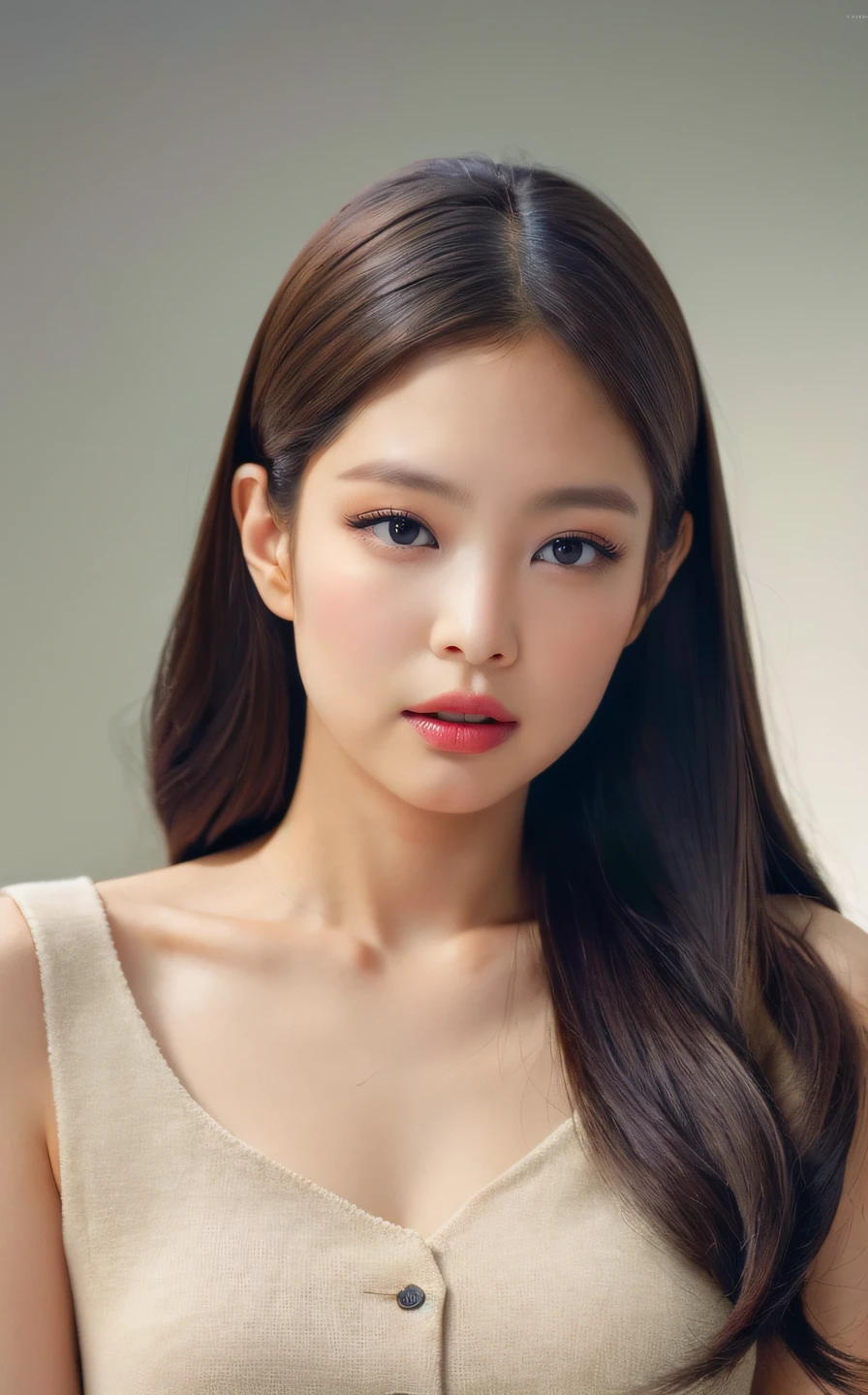 <lora:Jennie_V1:1> Jâ¬nn!e, Best quality, masterpiece, ultra high res, (photorealistic:1.4), raw photo,1girl, solo, realistic, (looking at viewer:1.2), upper body,simple gray background, white dress, long hair