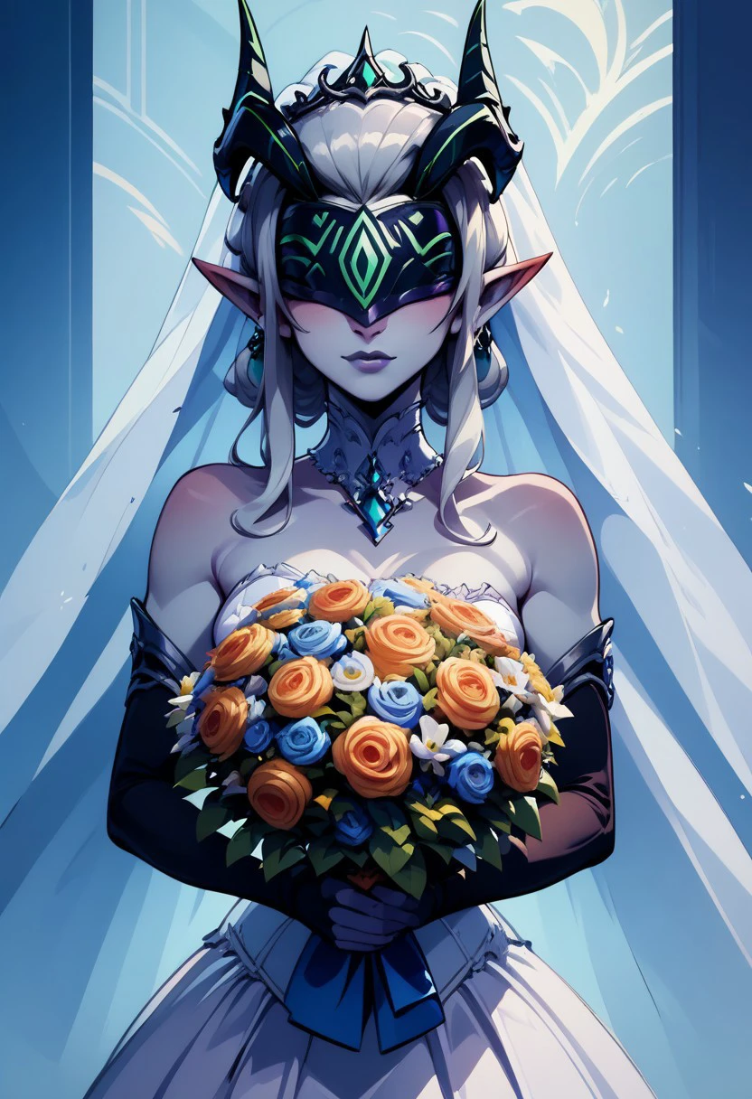 score_9, score_8_up, score_8, medium breasts, (curvy), cute, eyelashes,     
BREAK,
zzShemira, pointy ears, covered eyes, grey skin,
BREAK,
  bride, wedding dress, bridal veil, strapless dress, elbow gloves,  holding bouquet, 
zPDXL, Expressiveh