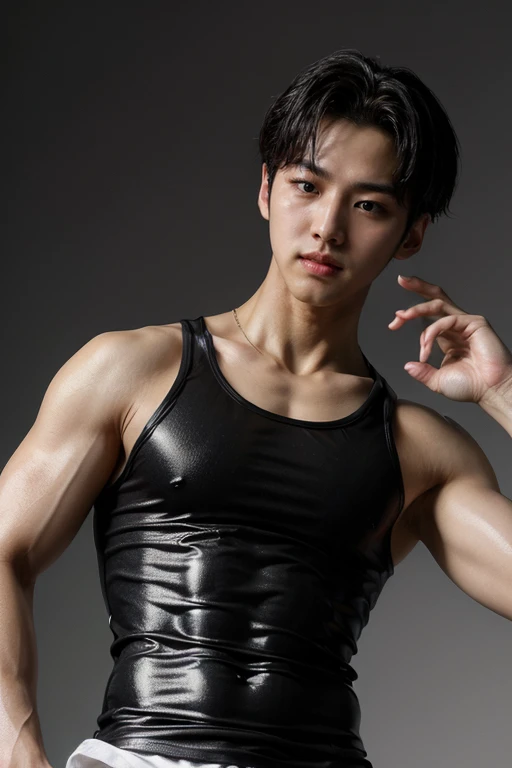 hongseok, muscular, solo, 1boy, wearing tank shirt, <lora:NSFWFilter:-1> shiny_skin, male focus (highres, ultra detailed) ((masterpiece)), ((best quality:1.1)), High Resolution, 8k,1boy, (photorealistic:1.4), high quality, dynamic poses <lora:hongseok:0.9> <lora:more_details:0.6> <lora:oil2.0_2-512-64:0.6>