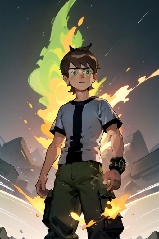 <lora:ben-10:1>ben, cowboy shot, half body, white shirt, green cargo pants,green fire background, black ground, space sky, black rubble, green flames, black earth, scared, ,, masterpiece, best quality