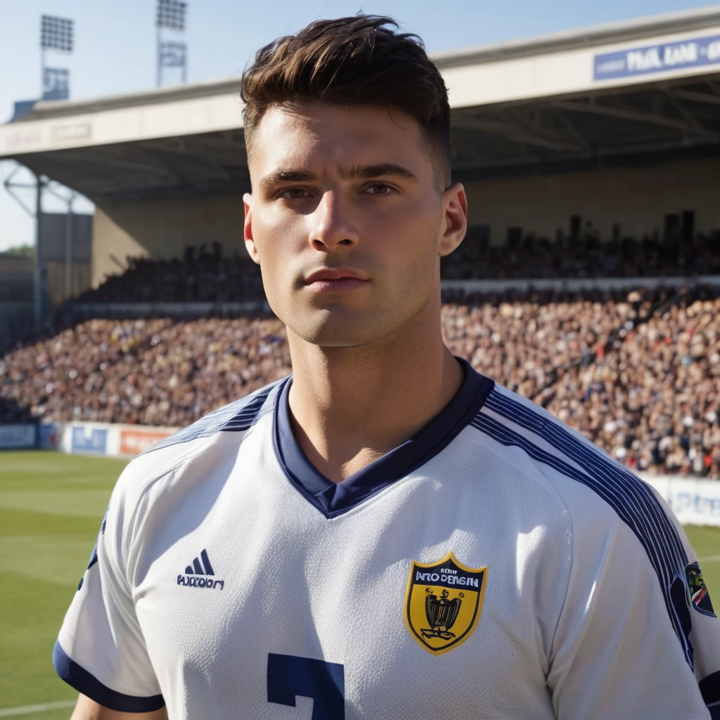 Hyperrealistic art half body photo of m4l1k a man, wearing a football jersey, at a game, solo shot, sunny, soft shadows, looking at viewer, looking at viewer, <lora:delgaty:.7> . Extremely high-resolution details, photographic, realism pushed to extreme, fine texture, incredibly lifelike