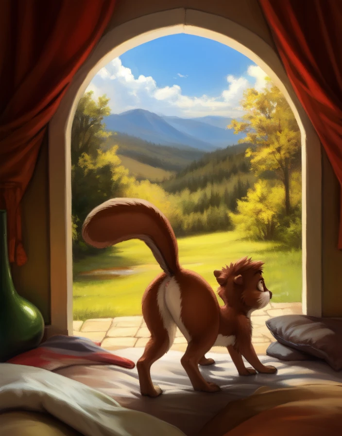 <lora:AirAcademSquirrelN1:0.9>  AirAcademSquirrelN1, Squirrel, tail,  ( ass up rear view, looking back,)
Male, Detailed multicolored skin, ( solo), [day, room , luxury room, children's room window, landscape outside the window, curtains, bed, pillows, light from the window], 
(beautiful, aesthetic, perfect, delicate, intricate), masterpiece, digital drawing, best quality, AS-YoungerV2:0.6, AS-YoungestV2:0.5,   
[by kenket|by totesfleisch8], by thebigslick:by silverfox5213:0.8], [by syuro, by paloma-paloma::0.2, (Tricksta, TotesFleisch8)