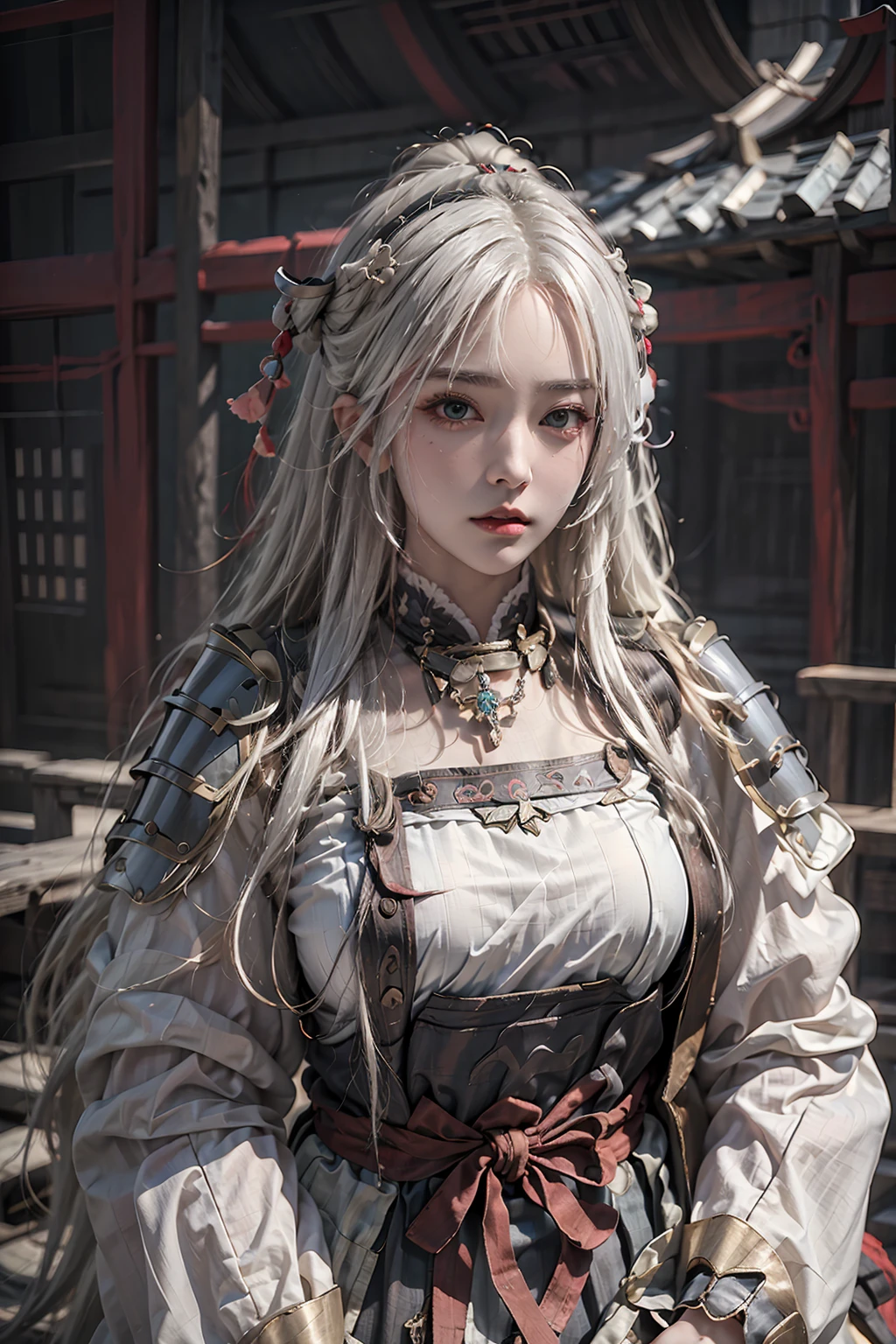 masterpiece,best quality,1girl,women,solo,cowboy shot,long white hair,samurai armor,<lora:more_details:0.3>,<lora:nt2:0.6>,<lora:Samurai_armor:0.8>,