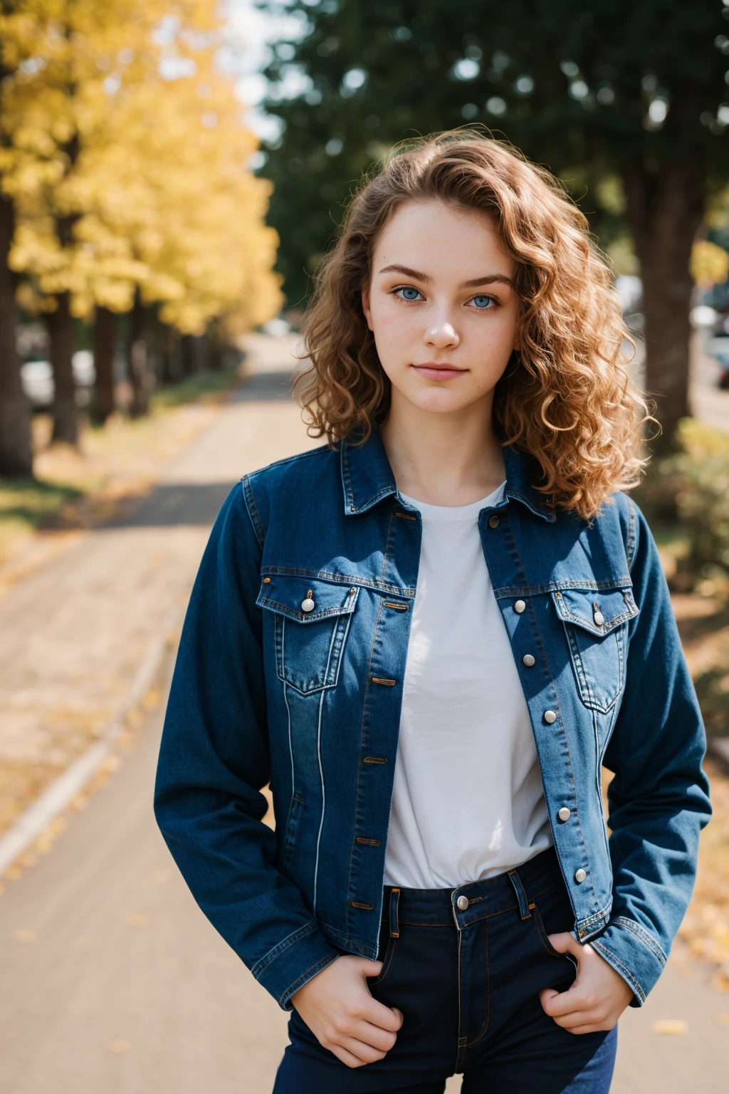 gorgeous cute Nordic 24years old girl, denim jacket, brown hair curly hair, backstreet, hands in pockets, soft focus,depth of field, intricate natural lighting