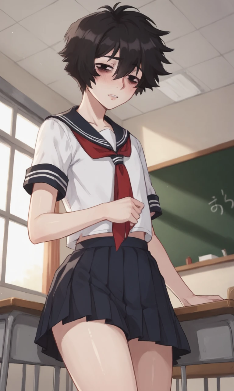 score_9, score_8_up, score_7_up, source_anime, masterpiece, best quality, lots of details, in japanese classroom, from below, BREAK
1boy, solo, 18 years old, adult, tall, femboy:0.2, doomerboy, black hair, black eyes, short hair, hair between eyes, bags under eyes, blushing, shiny skin, looking at viewer, serafuku, seifuku, schoolgirl outfit, short sleeves, red ribbon, thighs, on classroom table