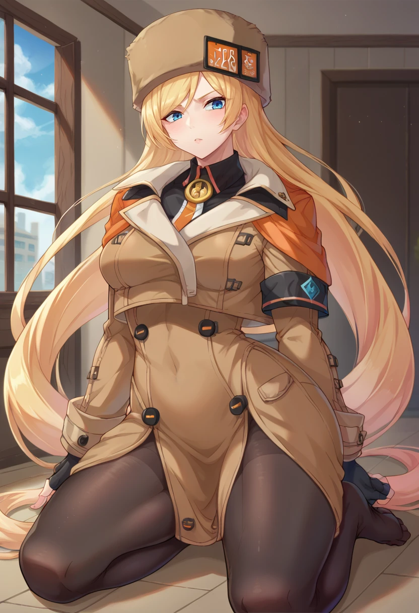 score_9,score_8_up,score_7_up BREAK <lora:MilliaRage:1>,MilliaRageSDXL,1girl,long hair,blue eyes,blonde hair,gloves,hat,very long hair,jacket,pantyhose,black gloves,fingerless gloves,coat,black pantyhose,brown coat,fur hat,ushanka,cowboy shot,room,room background,kneeling,