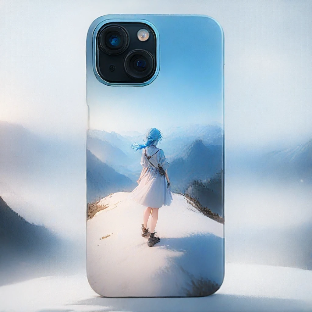 back of phone case, content on the back of the phone case, cinematic photo (illustration, 8k CG, extremely detailed),dynamic angle,(blue-haired girl),(standing on a mountaintop),(gazing at distant mountains),soft pastel colors,gentle sunlight,peaceful,contemplative atmosphere,highly detailed,smooth textures,shallow depth of field,wide-angle shot,(expansive view of the mountains:1.2),modern fantasy style,(masterpiece:2),best quality,ultra highres,original,extremely detailed,perfect lighting,<lora:detailed_notrigger:1>,. 35mm photograph,film,bokeh,professional,4k,highly detailed,