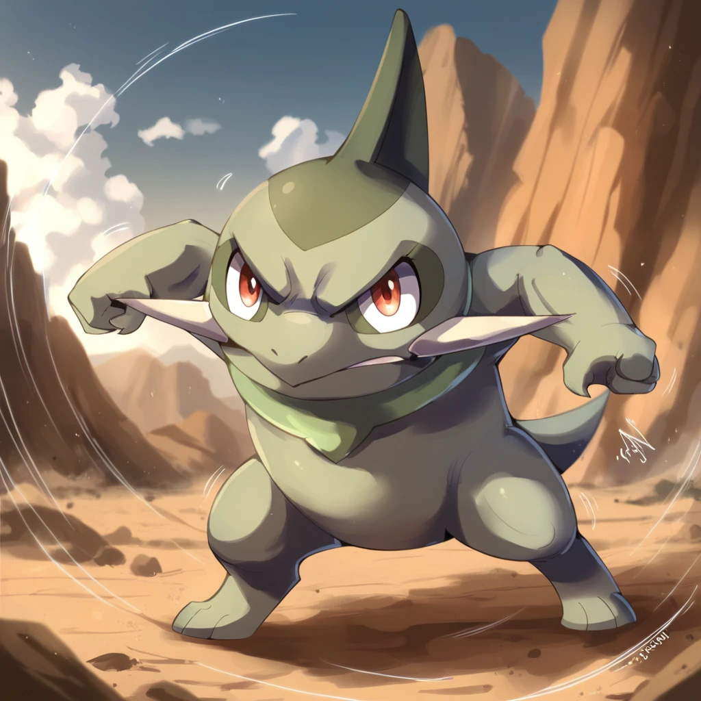 score_9, score_8_up, score_7_up, score_6_up, rating_safe, axew, pokemon, feral, a professional photograph of axew ready to fight, in the desert, red eyes, scowl, beautiful, outstanding, action photography, countershading, diadema, realistic, dynamic pose, motion lines, smooth skin, glistening skin