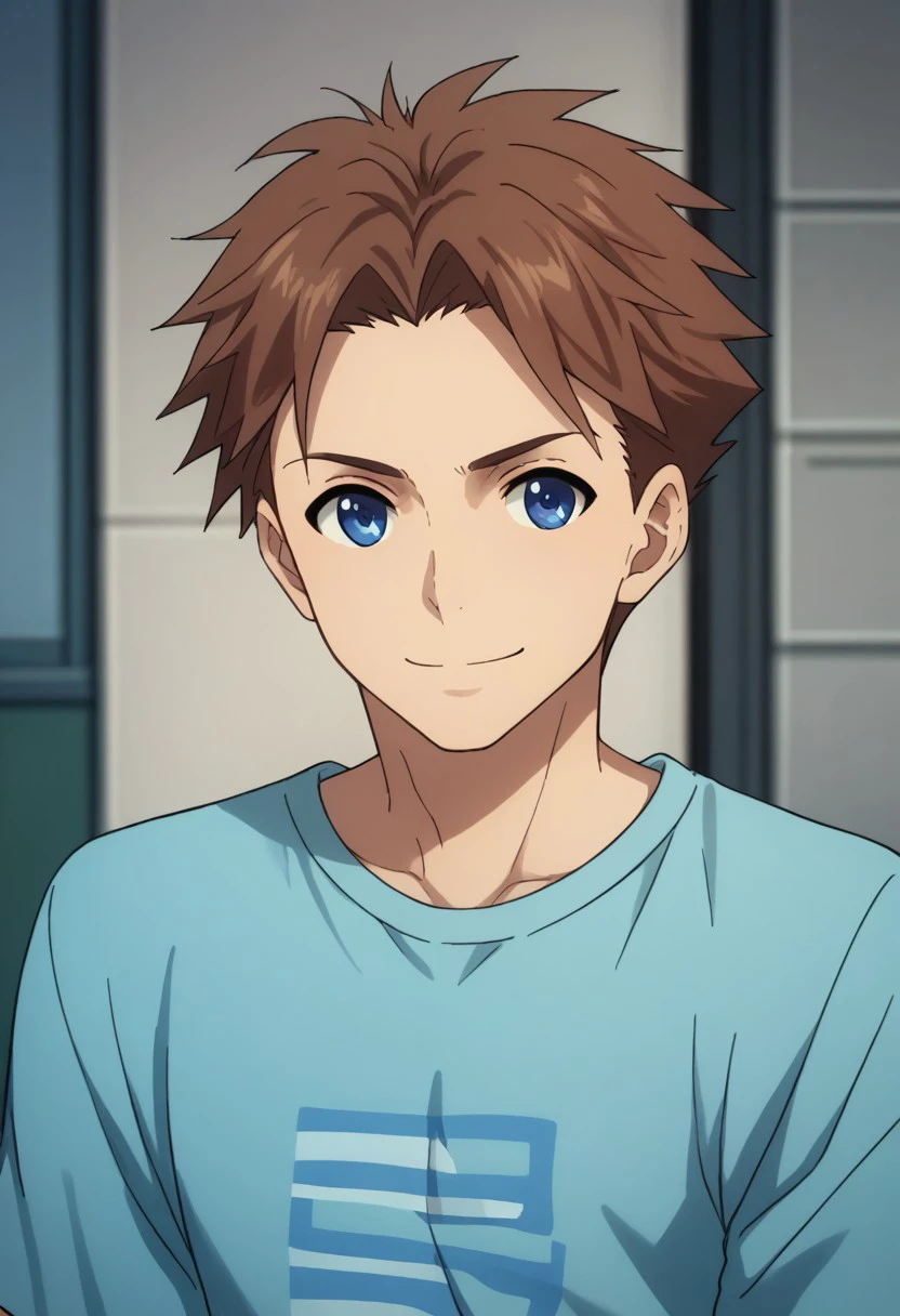 score_9, score_8_up, score_7_up, source_anime, highly detailed, 
heivia, 1boy, male focus, solo, brown hair, short hair, blue eyes, upper body, shirt, t-shirt, upper body, smile
indoor,