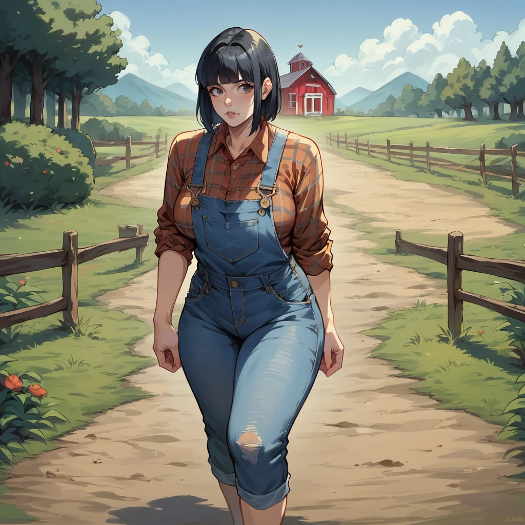 score_9, score_8_up, score_7_up, score_6_up,
Repanse, mature woman, voluptuous, black hair, blunt bangs, bob cut, denim overalls, flannel,
farm,
<lora:RepansedeLyonesse:0.8>