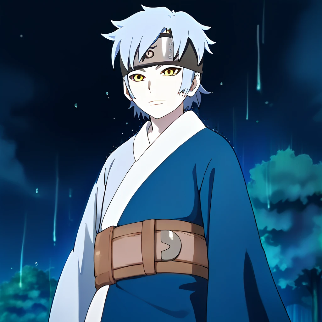 1boy,solo,male focus,Mitsuki,short hair,blue hair,forehead protector,konohagakure symbol,pale skin,yellow eyes,blue and navy kimono,wide sleeves,belt,((medium shot)),rain,storm,dark sky,raindrops,konohavillage,konohagakure village,anime_screencap,fake_screenshot,score_9,score_8_up, score_7_up, score_6_up, score_5_up,score_4_up,source_anime,fine anime screencap,style parody,official style,anime coloring<lora:EMS-419346-EMS:1.000000>, <lora:EMS-284334-EMS:0.800000>, <lora:EMS-384439-EMS:0.800000>