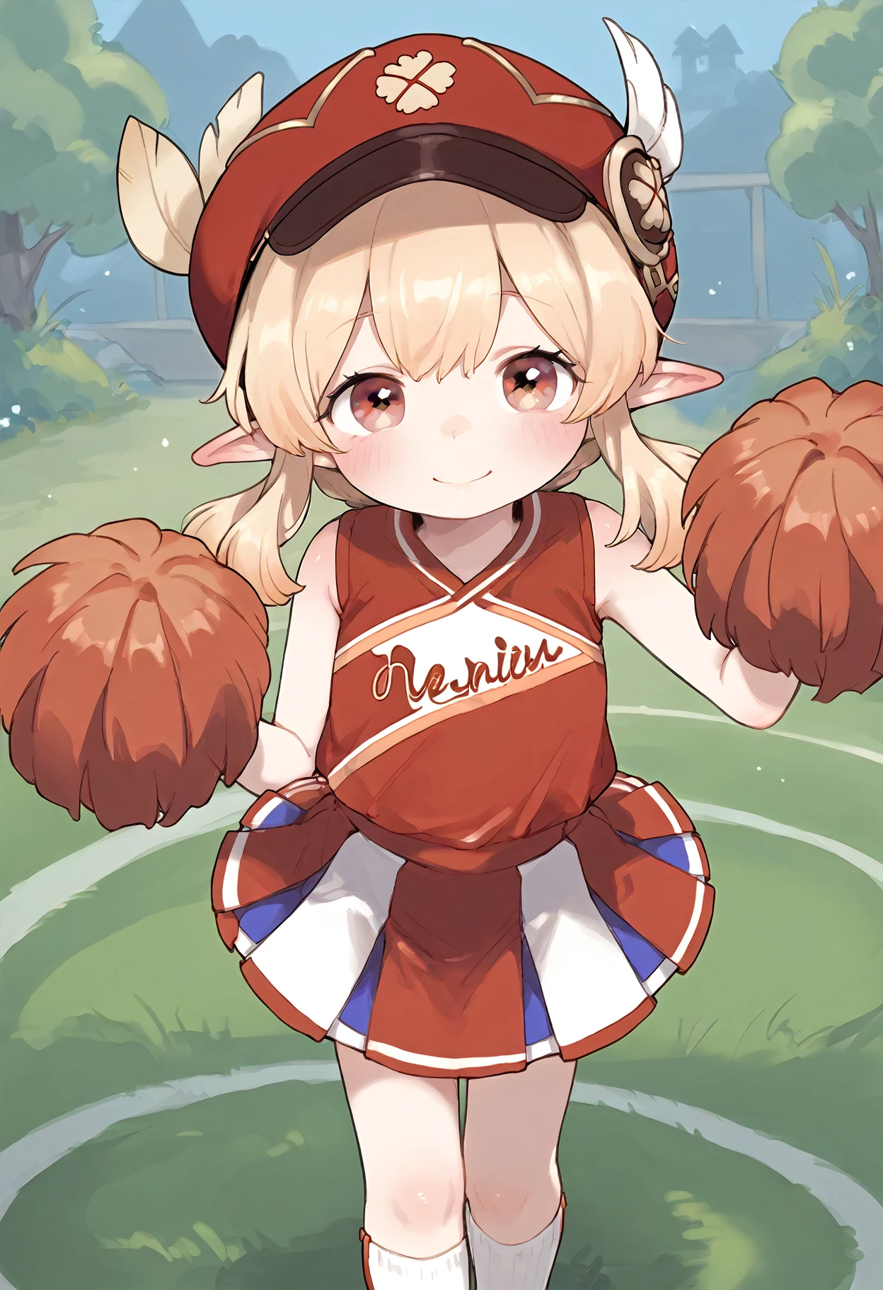 score_9,
1girl, klee \(genshin impact\), blush, cheerleader, skirt, , looking at viewer, dynamic pose, pointy ears, smile, hat, solo,