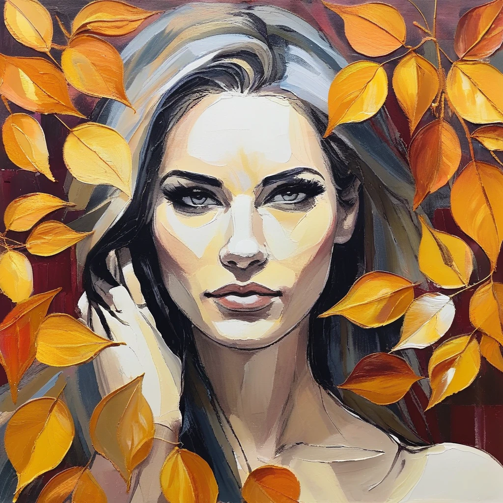 (Abstract) sketch of a woman in the fall season, oil on canvas,  katxwinnick,   <lora:katwinnick_juggerX_xl_1_st_wocap-katxwinnick-000061:1>