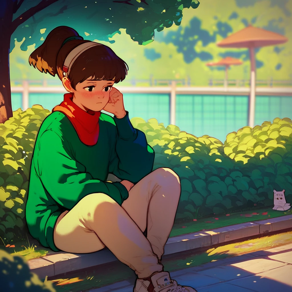 score_9, score_8_up, score_7_up, score_6_up, Lo-Fi, LoFi, Green sweater, Red scarf, 1girl, solo, ponytail, brown hair, blush, black eyes, white pant, cry, park, sitting,