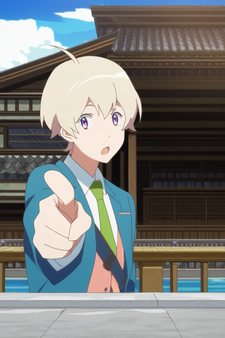 score_9, score_8_up, score_7_up, masterpiece, best quality, amazing quality, best aesthetic, ,absurdres,intricate details,male focus, haru, blonde hair, purple eyes, blue blazer, white shirt, school uniform, 1boy, male focus, pointing, solo, necktie, open mouth, parody, sky, green necktie, cloud, day, ahoge, pointing at viewer, bridge, outdoors, style parody, looking at viewer, watercraft, pink vest<lora:EMS-418647-EMS:1.000000>