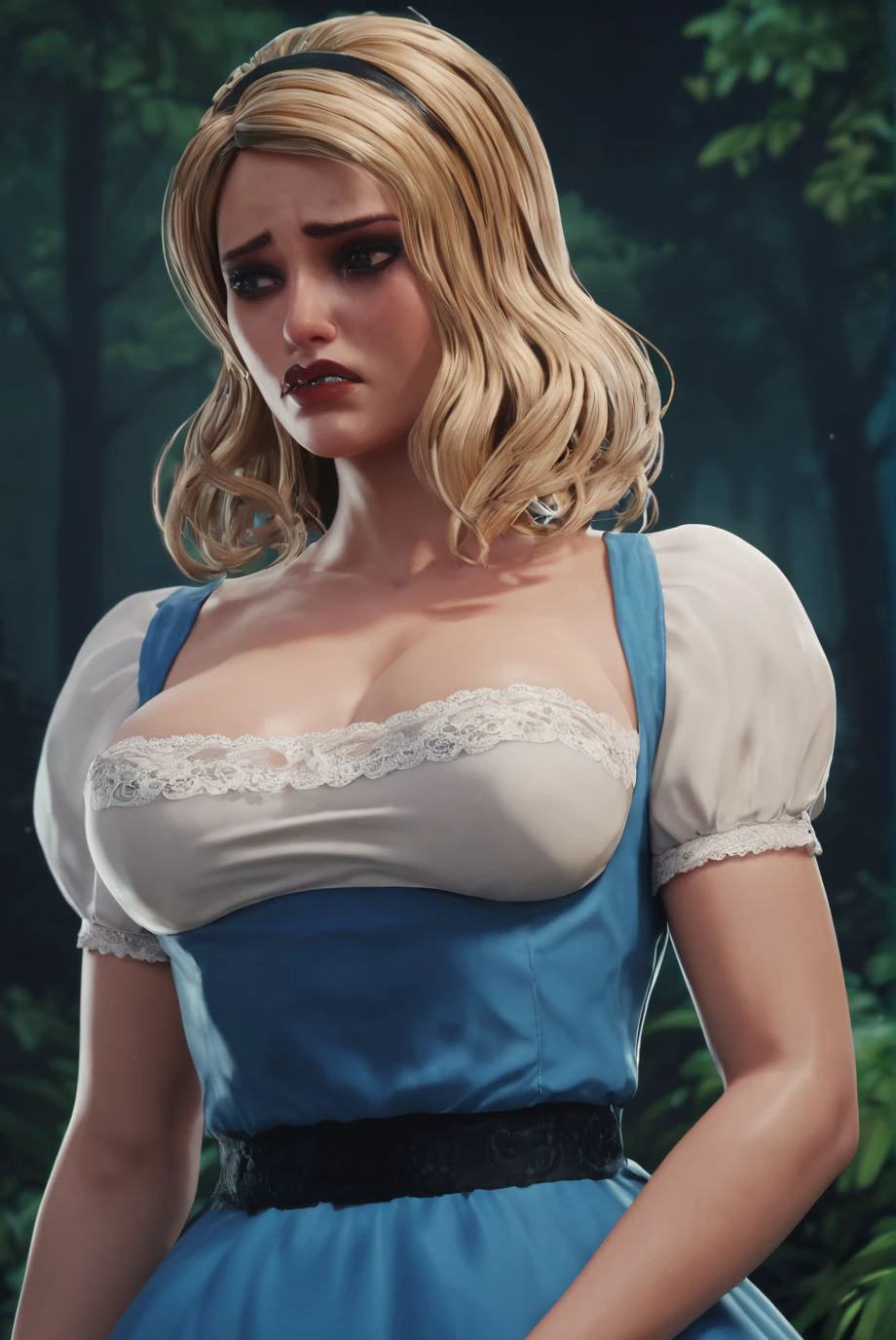 score_9, score_8_up, score_7_up, score_6_up, high-resolution render of alicekiller, blonde, makeup, red lips, black thin hairband, wearing strapped blue dress, white blouse, breasts, white puffy short sleeves, standing in a forest,worried, night, BREAK  <lora:AliceKiD_2:0.7>