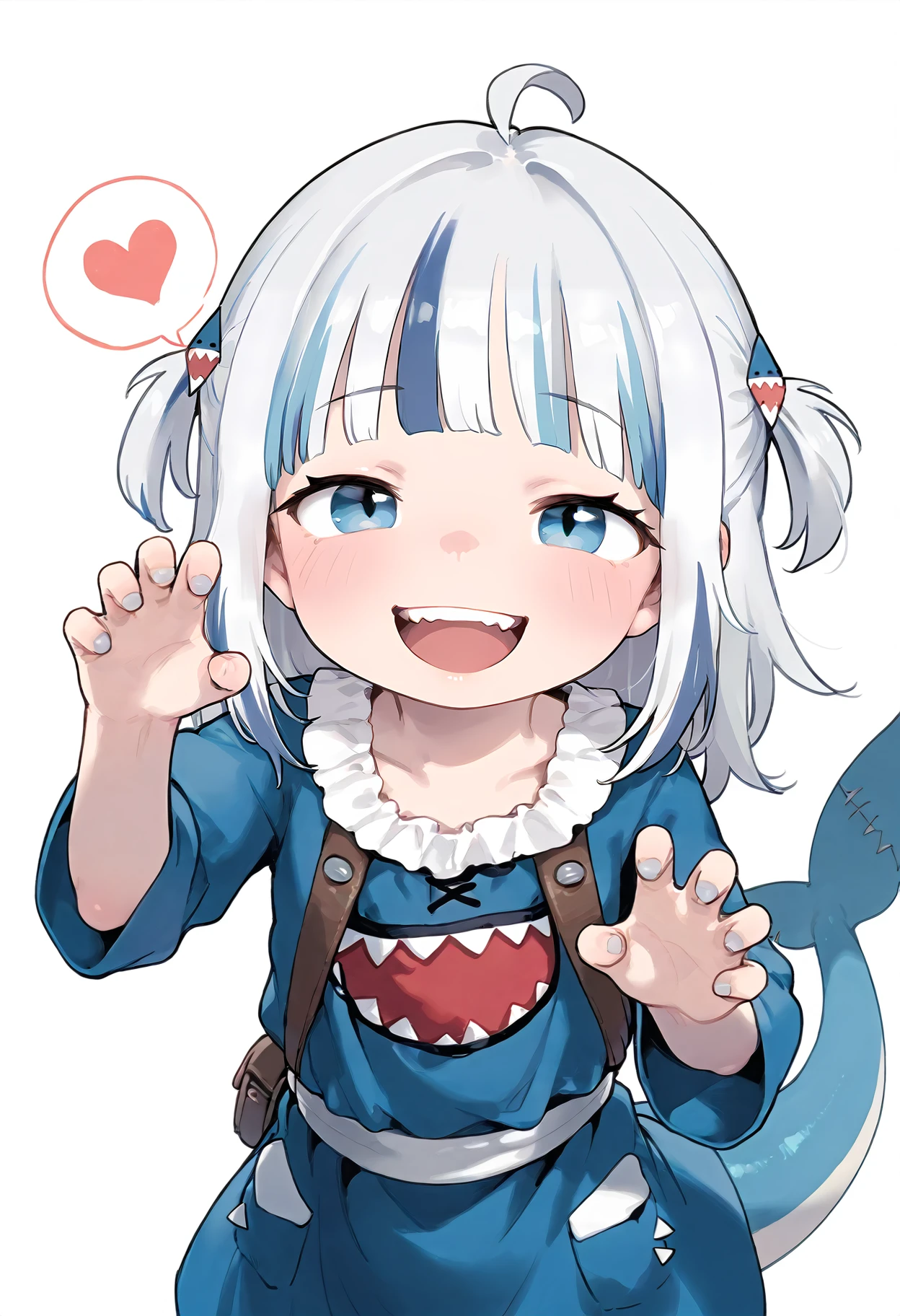score_9,
dynamic pose, 1girl, pitm, ahoge, looking at viewer, smile, upper body, smile, claw pose, from above, narrowed eyes, spoken heart, shark tail, simple background, blush, open mouth,