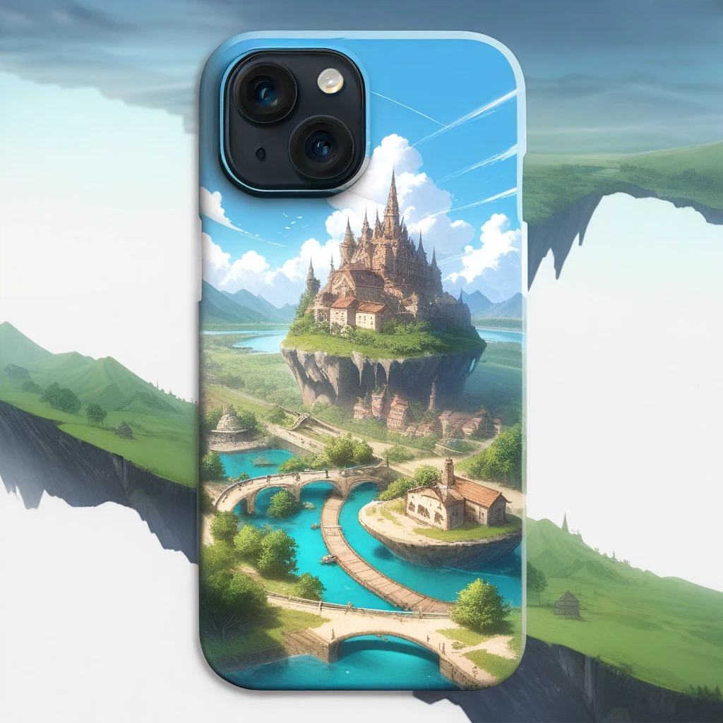 back of phone case, content on the back of the phone case,simple background, (best quality, ultra detailed),landscape,scenery,no humans,cloud,sky,day,tree,mountain,outdoors,science fiction,blue sky,water,building,fantasy,river,grass,landscape,tower,cloudy sky,bridge,castle,lake,city,road,nature,mecha,condensation trail,arch,ruins,cliff,mountainous horizon,spire,plant,overgrown,waterfall,floating island,forest,architecture,airship,cityscape,bush,hill,moss,leaf,bird,floating city,pillar,dome,window,aircraft,town,valley,path,sunlight,robot,canal,horizon,floating castle,cable,ocean,space craft,island,wind,vines,village,rock,flying,stairs,pond,column,light particles,stream,cumulonimbus cloud,railing,watercraft,post-apocalypse,machinery,summer,abandoned,shore,skyscraper,radio antenna,power lines,giant tree,field,puddle,steampunk,chimney,rust,machine,shade,gears,