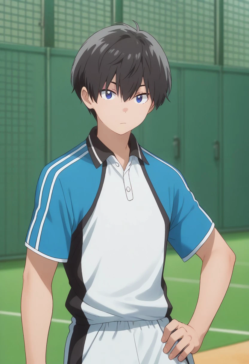 score_9, score_8_up, score_7_up, source_anime, highly detailed, 
maki, 1boy, solo, male focus, black hair, shorts, blue eyes, hand on hip, shirt,
looking at viewer, white shorts, closed mouth, short sleeves, standing, hair between eyes, sportswear, collared shirt, white shirt, blue shirt, tennis uniform,
outdoor,