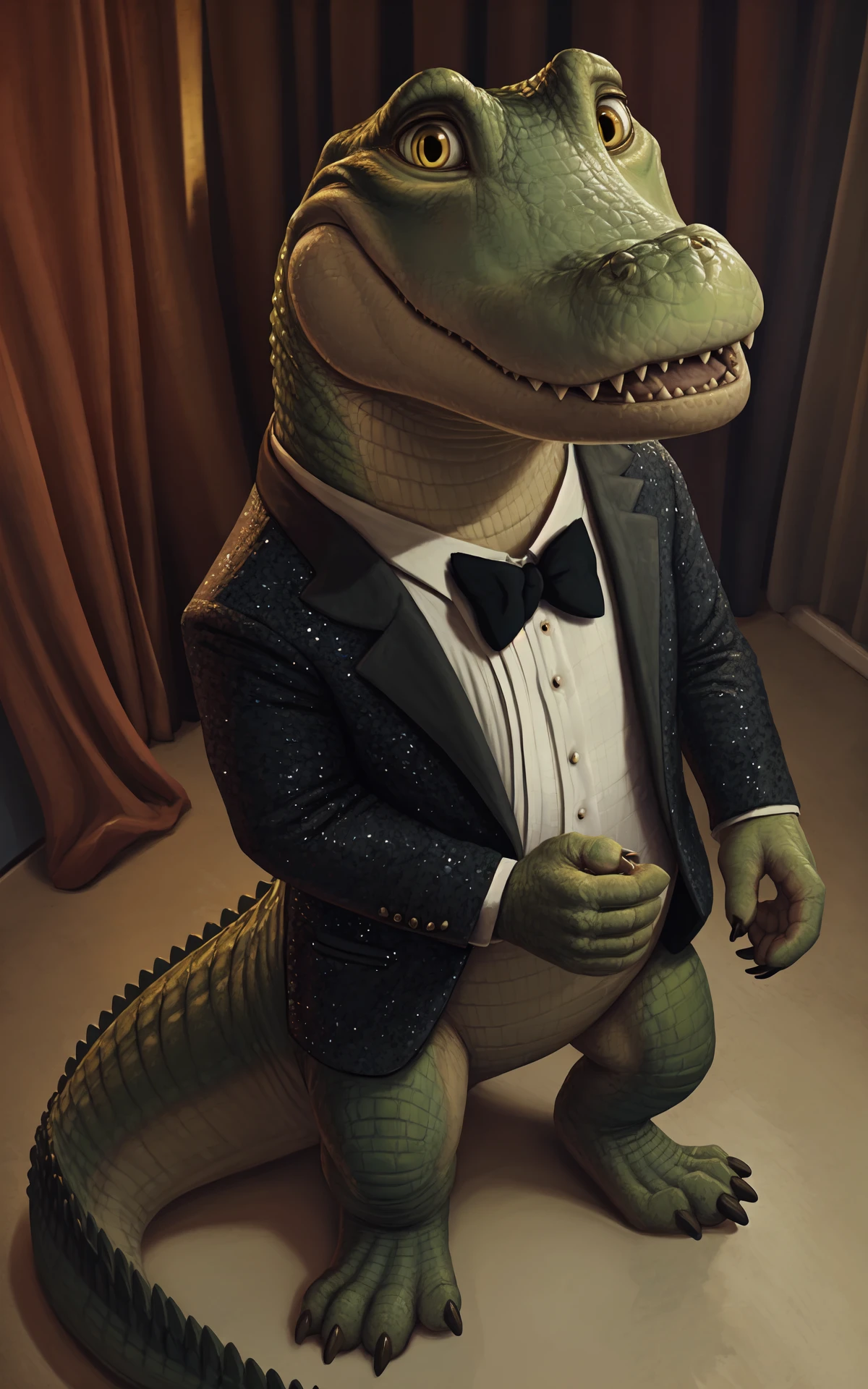 this photograph depicts a crocodilian on stage, lylelyle, looking up at viewer,nervous, shy, standing, scalie,reptile, semi-anthro, crocodilian tail, suit, bowtie, belly scales, detailed scales, feet, claws, foreshortening, from above, male,yellow eyes, solo, tongue, teeth, sharp teeth, cinematic lighting, stage lighting, symmetrical,4k, hi res, insanely detailed, detailed background,bathroom,realistic, realism, photorealistic, photorealism, by benji (artist) , by pngx (artist), by drakawa, by pokegontc, by shiuk, by klongi, by thesecretcave, by darkenstardragon, by narse, by nitrods, <lora:lylelyle_YM:0.7>, by imperatorcaesar, by incredibleediblecalico, by santanahoffman