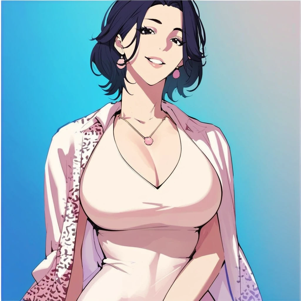 score_9, score_8_up, score_7_up, score_6_up, source_anime, , 1girl, solo, journalist kim, smile, short hair, large breasts, dress, cleavage, jewelry, earrings, black eyes, white dress, necklace, curvy, mature female,