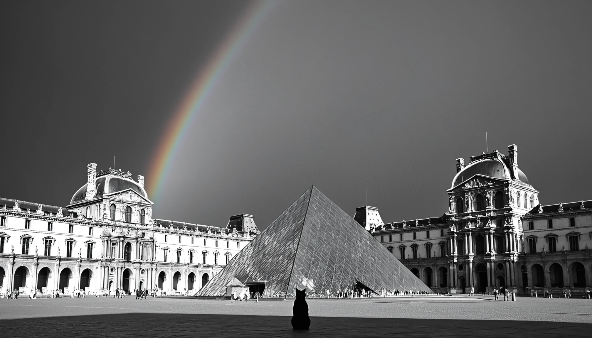 (monochrome:1.25) artistic photography, louvre, rainbow, cat, brown hair, sitting, church, tower, , colorfull rainbow on a (black and white:1.2)  monochrome photo