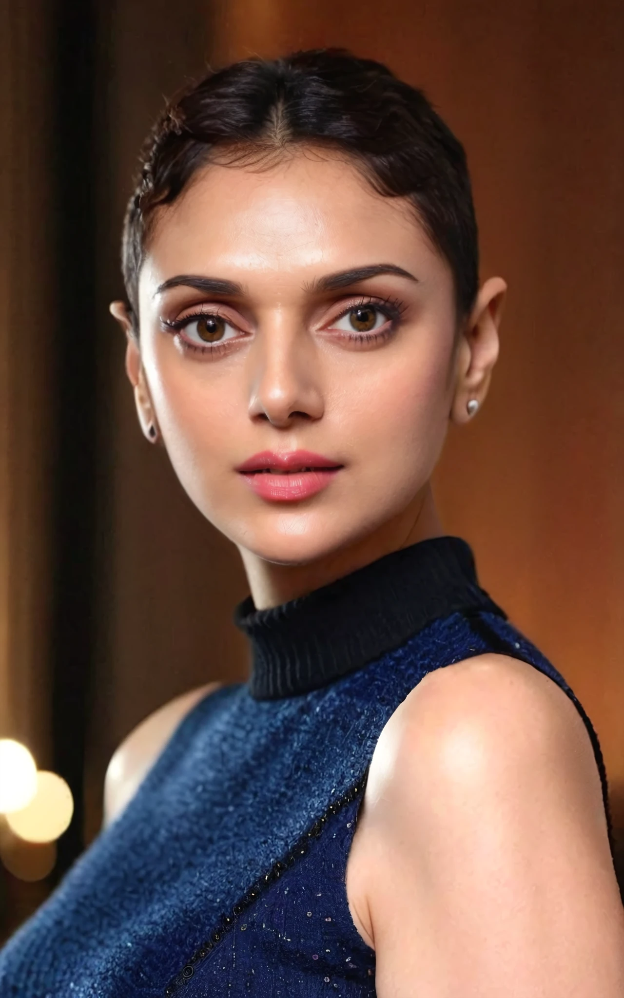 portrait photo of aditi rao hydari woman, solo, pixie hair cut, serious look, looking at the camera,  Apricot sleeveless turtleneck, night time, contrasting background bokeh,  <lora:Aditi_Rao_Hydari_SDXL_LoRA_prodigy_local_xformers_HNE:1>