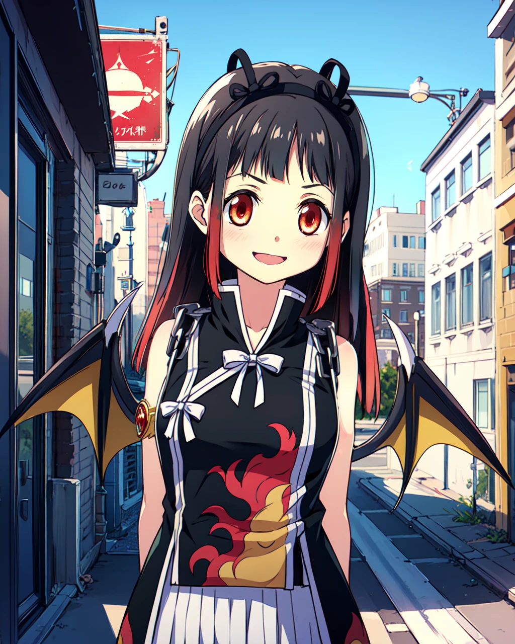 masterpiece, high quality, mgrcoobajuri, 1girl, upper body, medium shot, standing, red eyes, black hair, black hair ornament, black with white coat with flame print, white bowties, white skirt, black backpack with chain straps, decorative dragon wings and tail, red gem on hand, mouth open, smiling, outdoors, city, street, day, (hands behind back), <lora:mgrcoobajuri:0.8>