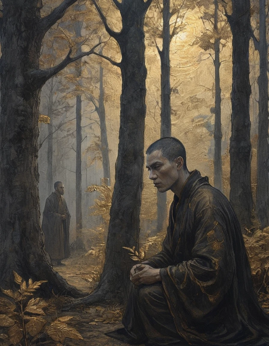 gold leaf illustration romantic moody dark intense monk assassin waits in shadows at the edge of a forest watching a nobleman on horeseback in the nearby clearing under long late day shadows closeup monk portrait dramatic lighting deep shadow