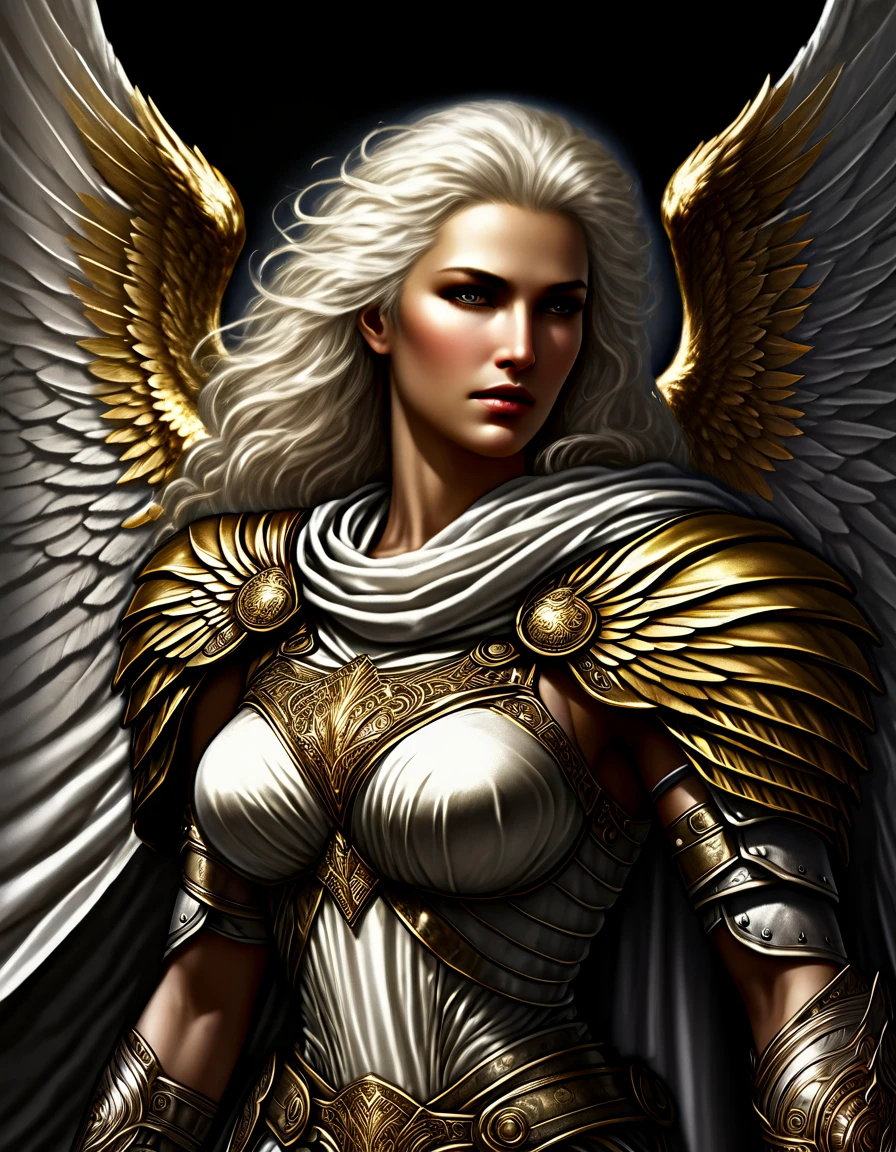 disciples 2, dark theme, half body Illustration of beautiful archangel, 1woman, attractive face, large breasts, white and gold drapery, white armor with gold trim, white hair, wings, masterpiece, best quality, Half Body, portrait, portrait, ((intricate details)), hdr, ((intricate details, hyperdetailed)), cinematic shot, glare, Iridescent, Global Illumination, soft light, dream light, illustration, 