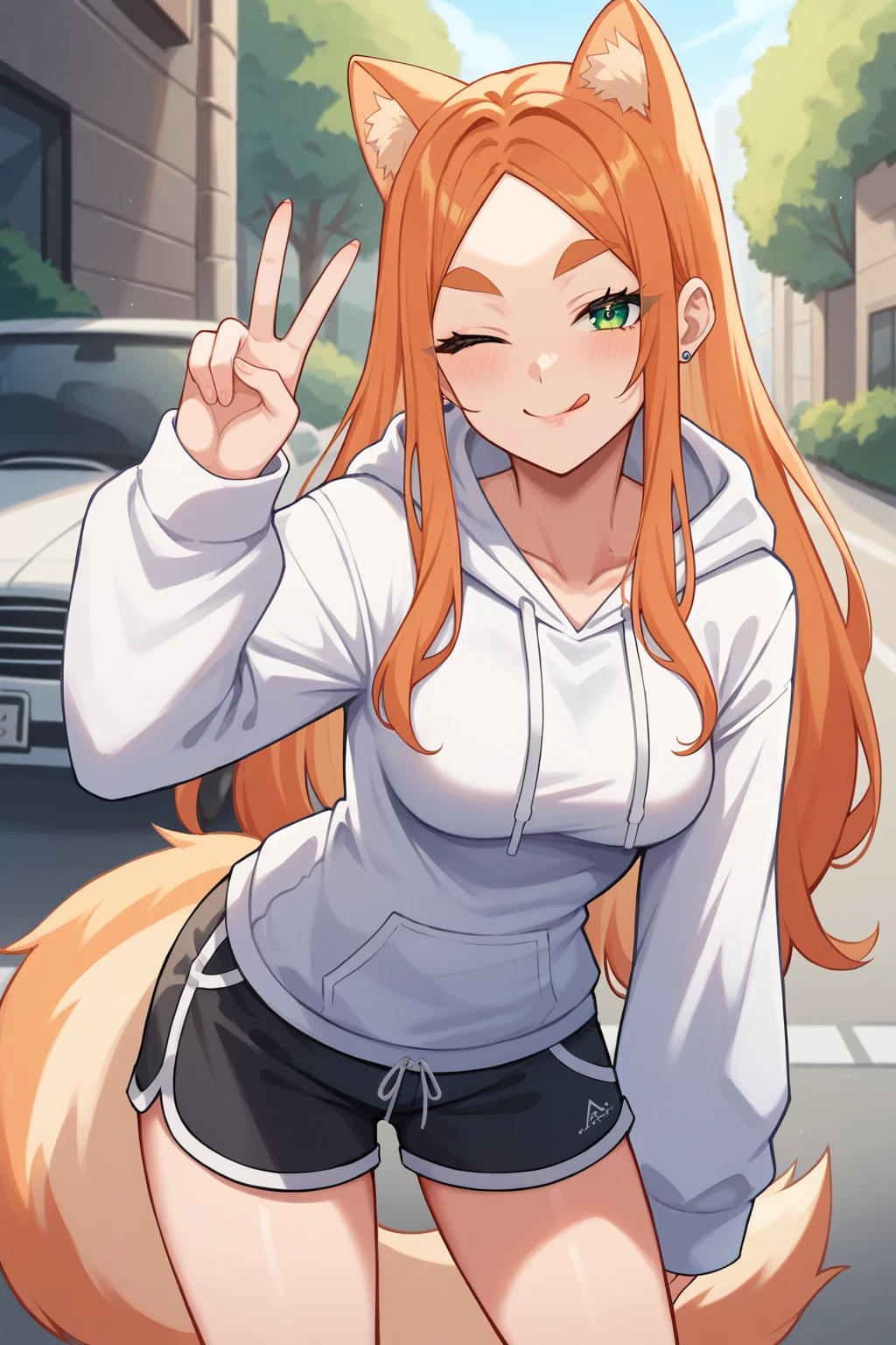 score_9, score_8_up, score_7_up, source_anime, 1girl, prefect lighting, very aesthetic, intricate details, highly detailed background, masterpiece, high quality, prefect hands, best quality, solo,
<lora:Fran_Gudanco_V1:.85>, KJOfran, orange hair, parted bangs, long hair, animal ears, thick eyebrows, tail, green eyes, 
white oversized hoodie, long sleeves, sleeves past fingers, athletic shorts, 
standing, peace sign, one eye closed, tongue out, smirk, smug, leaning forward, 
sunny, street, by car,
(Beautiful, medium Breasts:1.2), natural breasts,