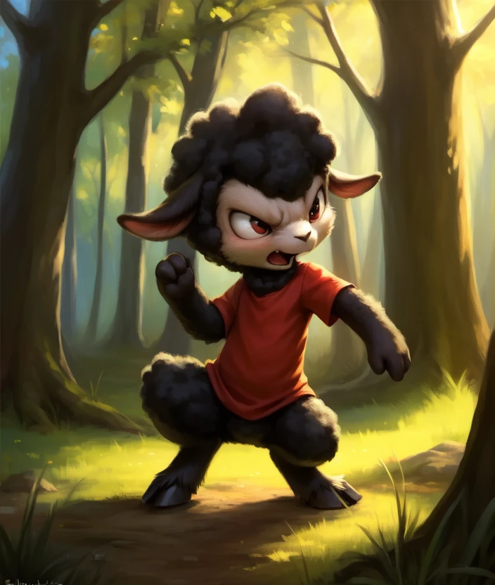 <lora:BlackietheLambN:0.8>  BlackietheLambN,  Lamb,  hooves, red shirt,  black wool, chibi,  (angry pose)
Male, Detailed multicolored skin, ( solo), [day,  forest, trees, meadows, grass, clouds,] solo focus,  
(beautiful, aesthetic, perfect, delicate, intricate), masterpiece, digital drawing, best quality, AS-YoungerV2:0.6, AS-YoungestV2:0.5,   
[by kenket|by totesfleisch8], by thebigslick:by silverfox5213:0.8], [by syuro, by paloma-paloma::0.2, (Tricksta, TotesFleisch8)