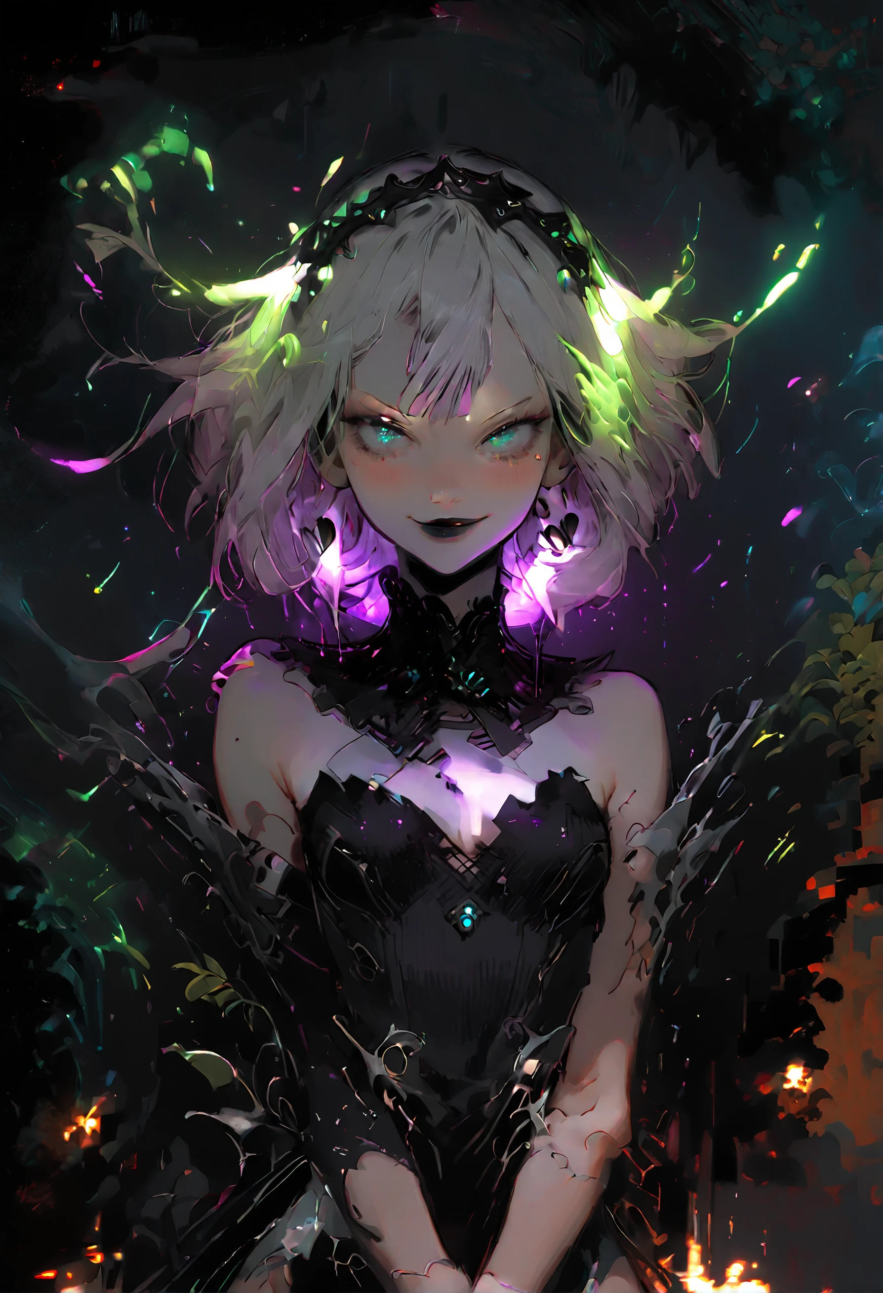 score_9, score_8_up, score_7_up, fantasy, naughty, small breasts, deep cleavage, splash art, source anime, anime screencap, masterpiece, expressive eyes, perfect face, cinematic lighting, volumetric lighting, bloom, post-processing, crona, white hair, glowing hair, neon hair, blue eyes, looking at viewer, torn clothes, blush, perfect ass, closed mouth, full body, perfect dress, anime celestial dress, anime background, (neon shading:1.6), white moon, looking to the viewer, black lips, celestial theme, smiling,(_theme_:1.3), eye contact, <lora:easynegative:1>, <lora:Expressive_H:1>, <lora:age_slider_v4:-0.5>, <lora:StS_detail_slider_v1:2>, <lora:xl_more_art-full_v1:0.25>, <lora:incase-ilff-v3-4:0.45>, <lora:c0l0urgl0wXLP:0.8>, c0l0urgl0w, glowing, <lora:lowlight:-0.3>,<lora:g0th1cPXL:0.5>, g0th1cpxl, <lora:princess_xl_v2:0.3>, <lora:WasurePony:0.25>,  <lora:PerfectEyesXL:1.3>,  <lora:Hades_Art_Style:1.8>