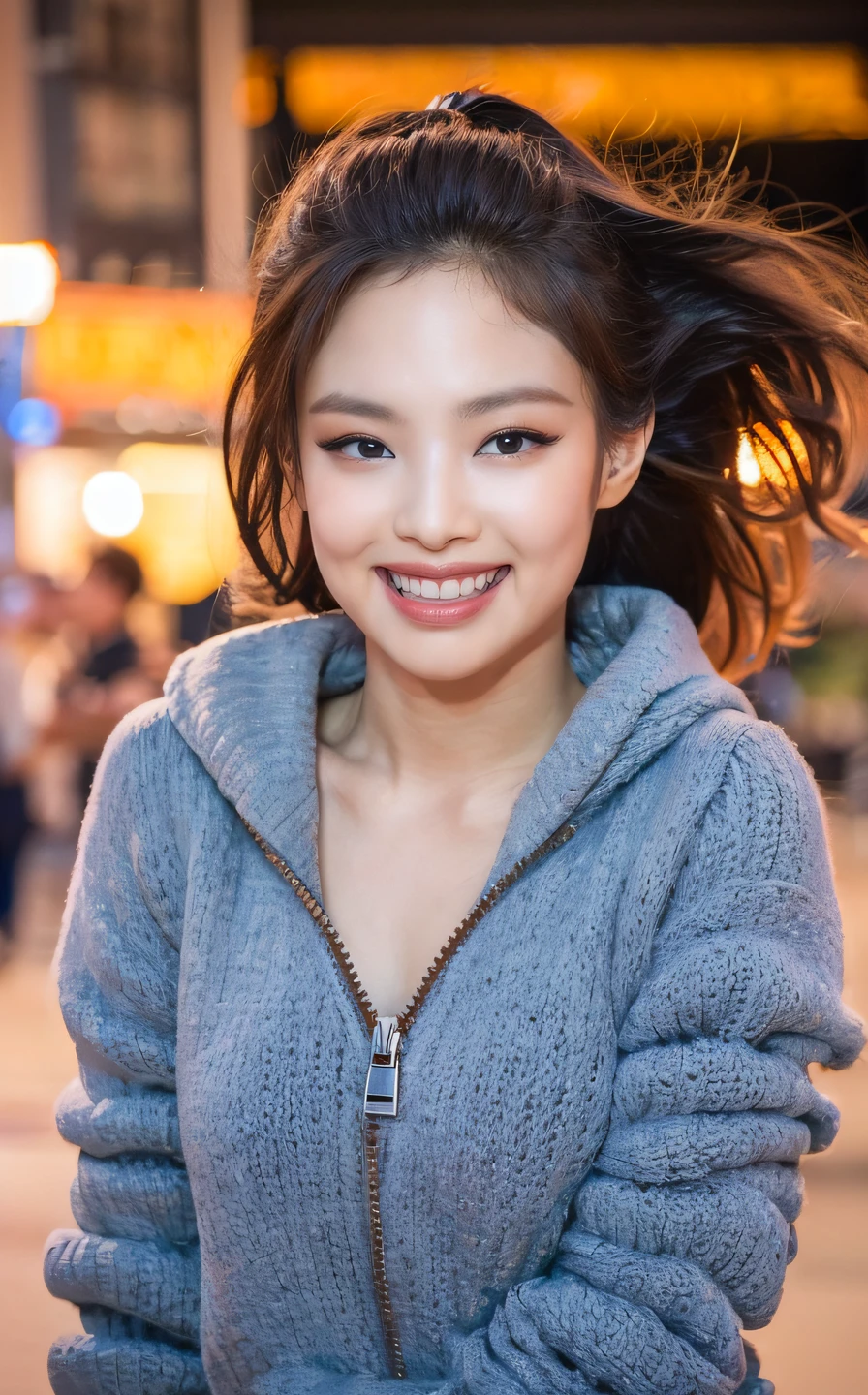 <lora:Jennie_V1:1> Jâ¬nn!e,, (smiling:1.2),  , (fullbody:1.2),  (realistic), (hyperrealism), (photorealistic:1.4), 1girl,,  looking at the viewer, eye makeup, detailed eyes, detailed face, (upper body:1.2), detailed background, walking at the streets, sunset, (windy:1.2)  z1pp3rsw3at3r,, sleeves past wrists, zipper sweater, Denim jeans   <lora:zoom_slider_v1:2>