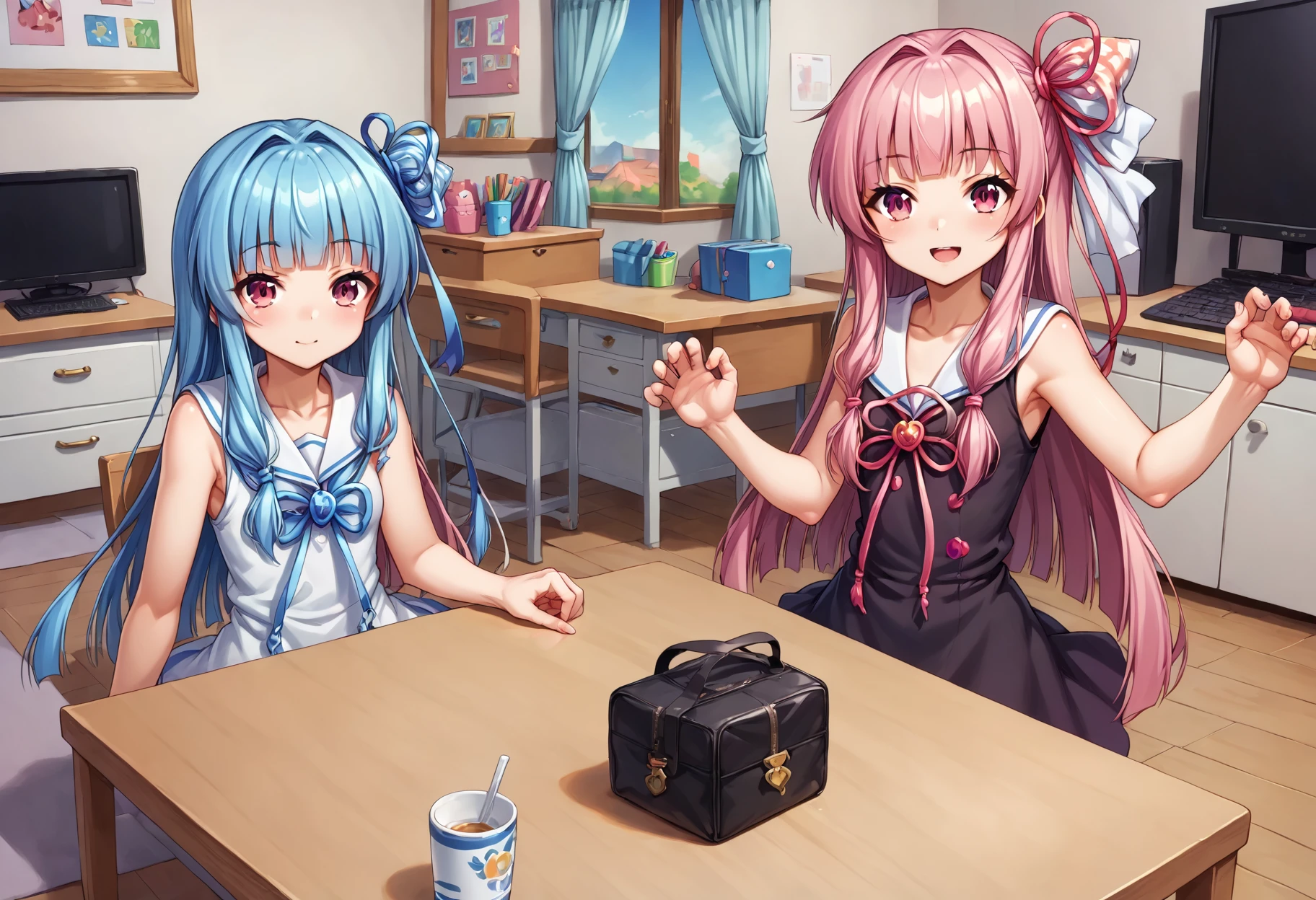 (nsfw),(Uncensored), score_9, score_8_up, score_7_up, source_anime, BREAK
2girls, sisters, side by side, kotonoha akane, kotonoha aoi, blue hair, pink hair, black dress, white dress, 
<lora:Kotonoha_MMD_Pony_V1:0.85>KotonohaMMD, pink eyes, long hair, bangs, blunt bangs, sidelocks, very long hair, hair intakes,hair ribbon, ribbon, hair ornament, hair tie,  yagasuri, dress,sleeveless, bare shoulders, collared dress,  wide sleeves, long sleeves, zettai ryouiki, thighhighs, thighhighs under boots, knee boots,
sitting, upper body, mirror, door, window, television, computer, chair, table,  girls room,
claw pose, Waving gesture, 
look at viewer,>o<,^o^,x3,
(upper body,)