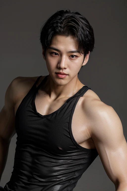 hongseok, muscular, solo, 1boy, wearing black tank shirt, black sleeveless shirt, <lora:NSFWFilter:-1> shiny_skin, male focus <lora:oil2.0_2-512-64:0.8> (highres, ultra detailed) ((masterpiece)), ((best quality:1.1)), High Resolution, 8k,1boy, (photorealistic:1.4), high quality, dynamic poses <lora:hongseok:0.9> <lora:more_details:0.6>