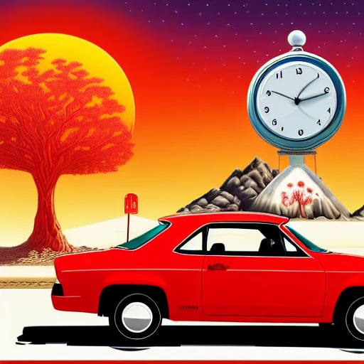 a red car parked in front of a gas station, no humans, a tree in the middle of a desert with a full moon in the background, bird, flower, style, a painting of a clock tower in the middle of a mountain