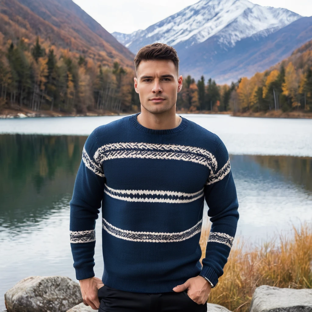half body photo of m4l1k a man,wearing sweater and leggings, mountain lake ,, looking at viewer, <lora:delgaty:.7>