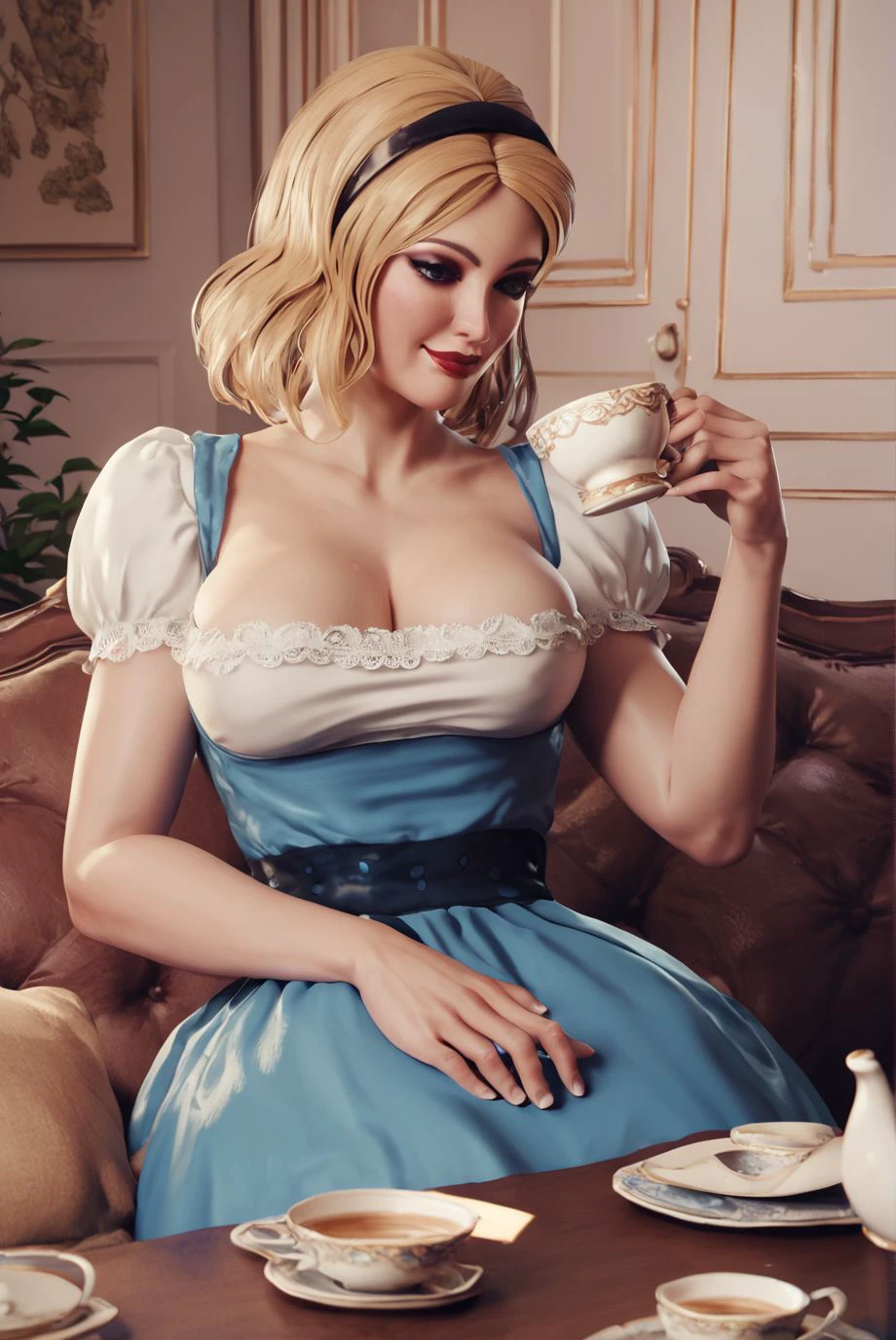 score_9, score_8_up, score_7_up, score_6_up, high-resolution render of alicekiller, blonde, makeup, red lips, black thin hairband, wearing strapped blue dress,  white blouse, white puffy short sleeves, breasts, smile, drinking a cup of tea, single teacup, sitting at a table BREAK  <lora:AliceKiD_2:0.8>