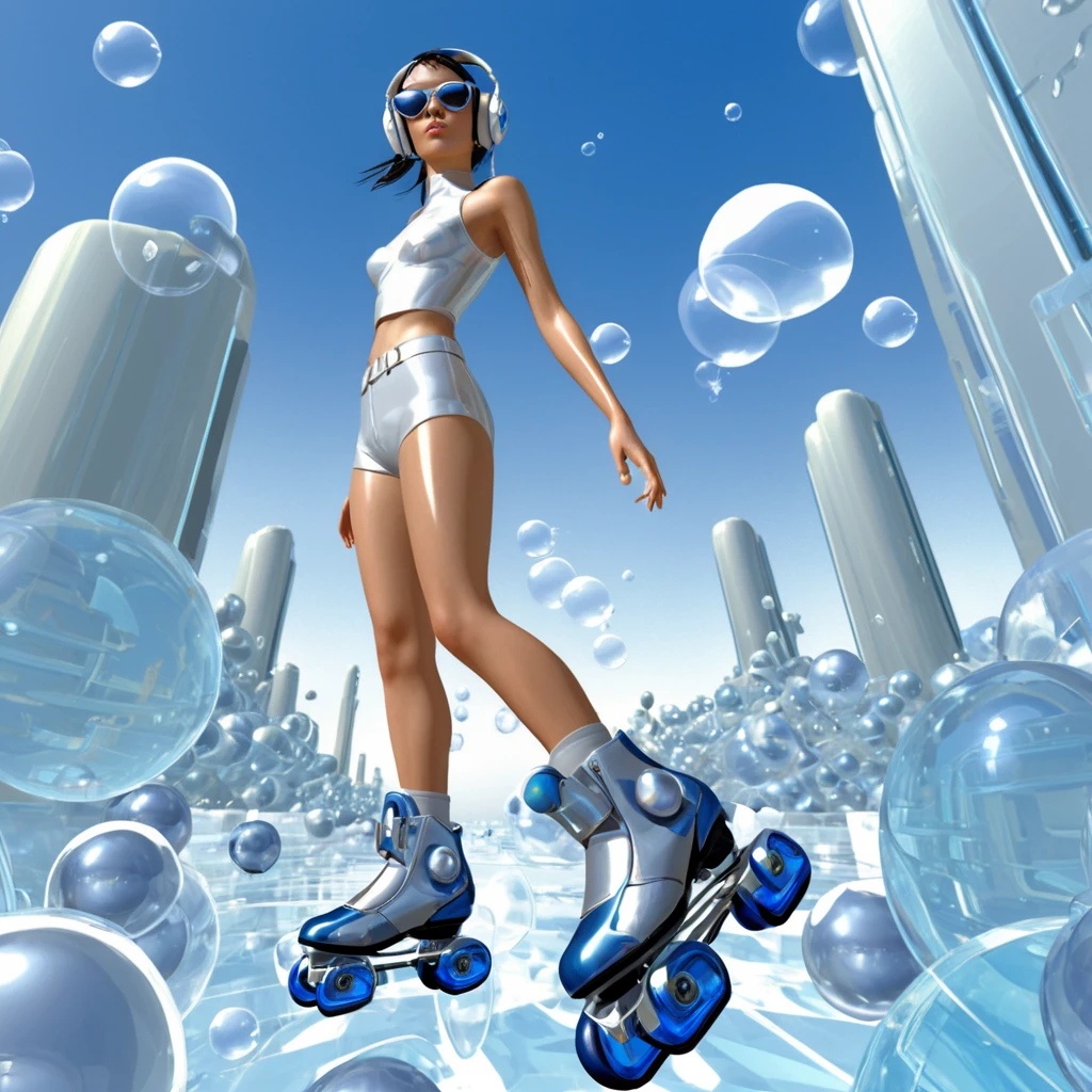 blue, white and chrome, futuristic scnery, sunglasses, headphones, bubbles, science fiction, scenery, ice cubes floating in water, prismatic, tropical theme, rollerskates, cute and sexy, 1girl, solo, female focus, CGI city, retro video game character, 3D, PS1, N64, 90s graphics, low poly, cyber-y2k, 2000s, retro, dreamcast screenshot