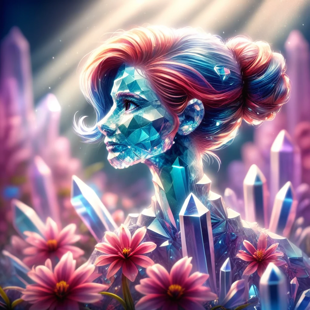 gradient, hair bun, blurry, flower, multicolored hair, solo, ground vehicle, light rays, crystal
